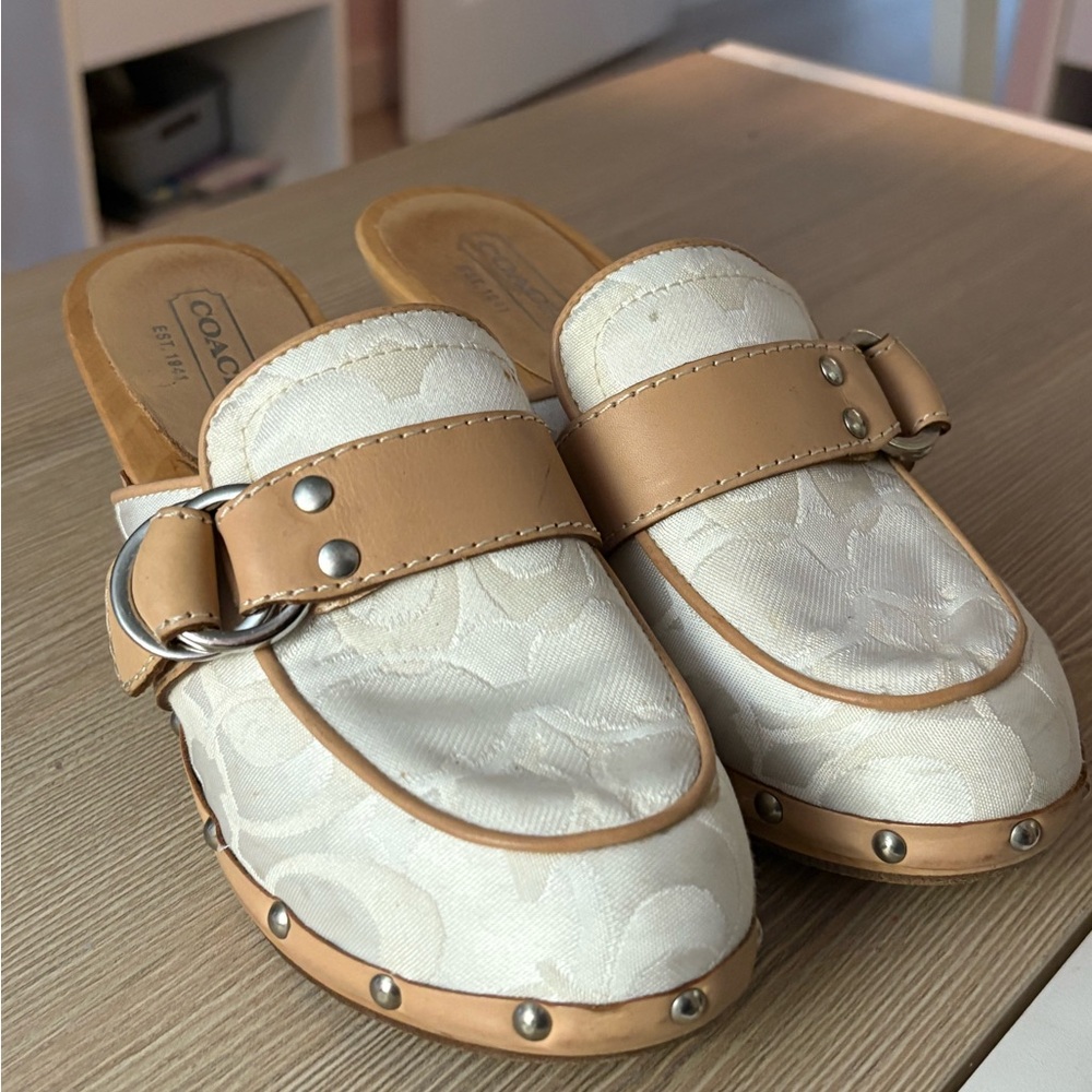 Coach Women's White and Tan Mules with Buckle Detail